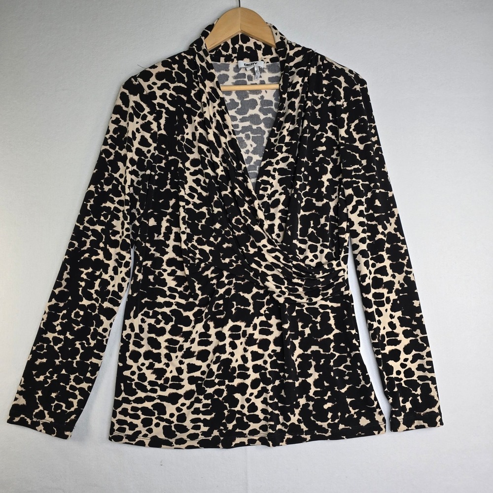 DKNY Leopard Print Faux Wrap Top Large Long Sleeve Animal Print Surplice Blouse